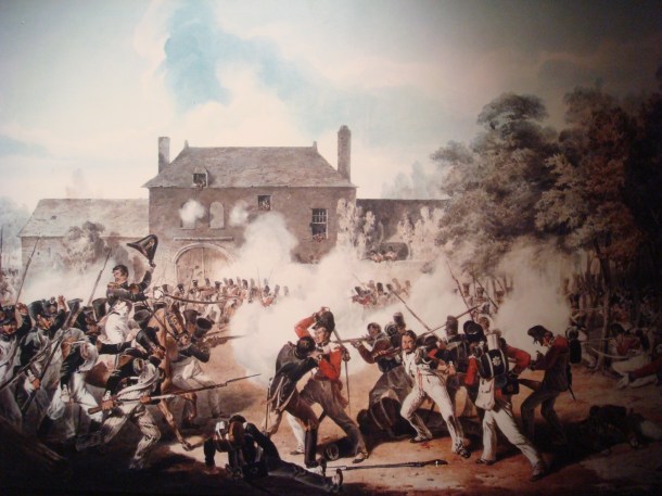 Watercolor painting of the battle at the Chateau of Hougoumont - also known as Hougoumont Farm