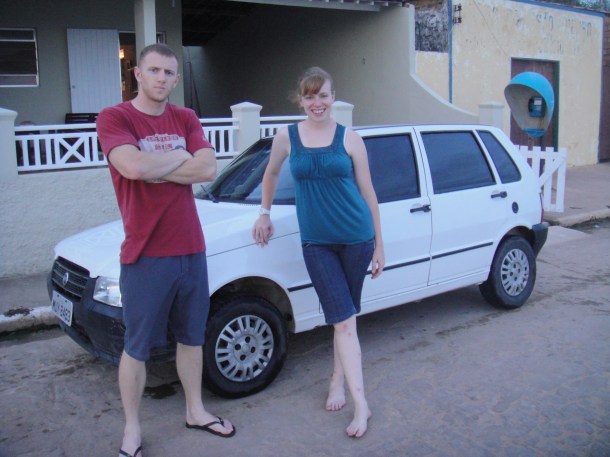 Brandon and Amanda Boers posing next to the mighty Fiatrarri  