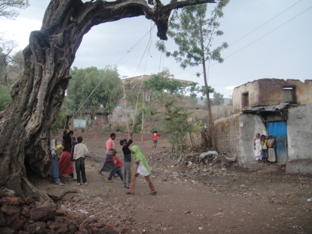 children back in huts in Lalibela
