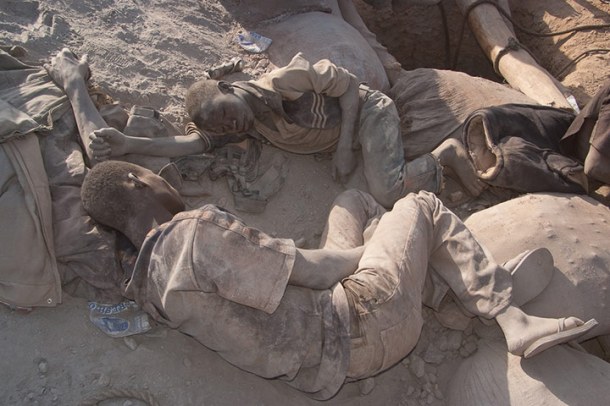 The men work six days a week. The mines are closed on Friday. Friday is panning day and pay day