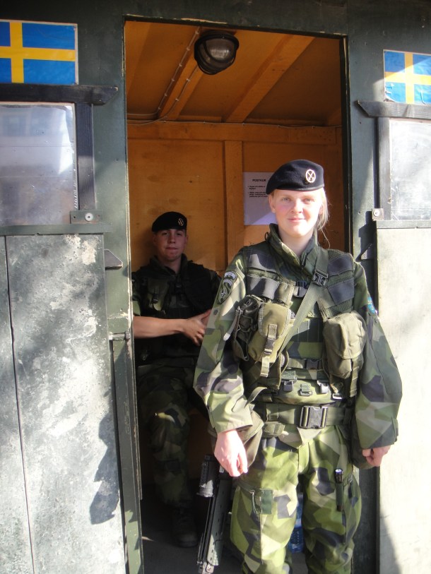 Swedish troops protecting the Serbian enclave of Gracanica from attack by Kosovars